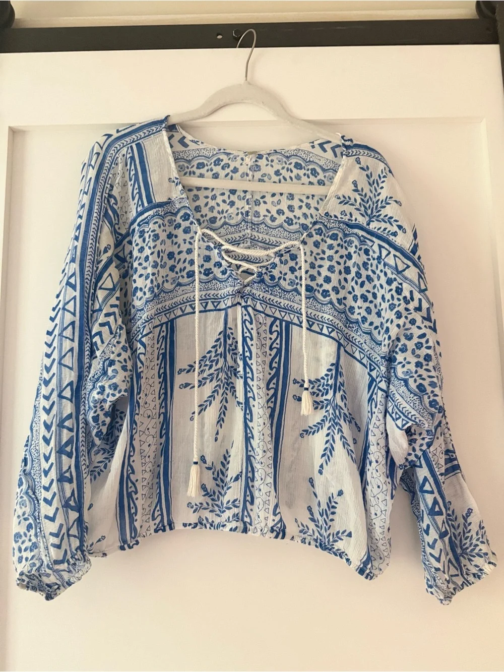 Free People Blue and White Lace-Up Printed Tunic
